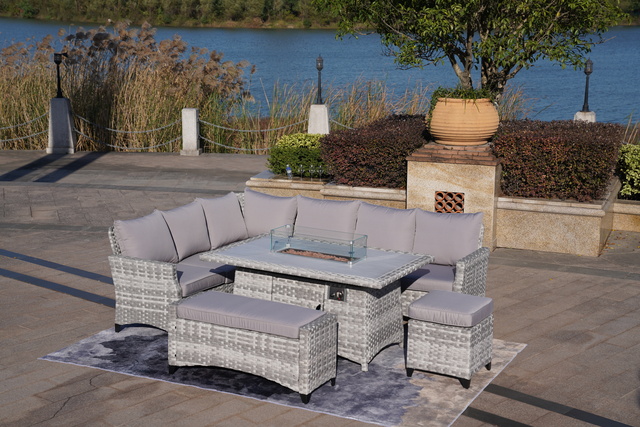 5-Piece Gray Wicker Outdoor Conversational Sofa Set with Fire Pit Table