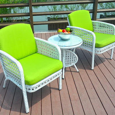 White Rattan Outdoor Dining Set Round Table And Two Chairs