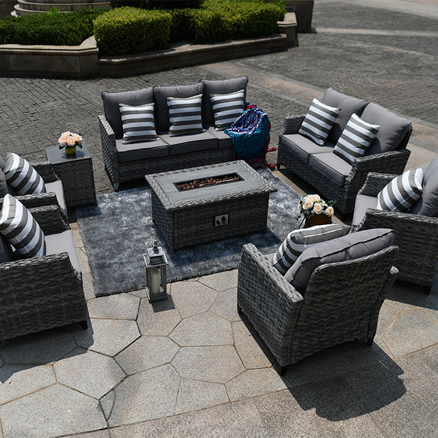 Garden Rattan Sofa Combo with Gas Fire Pit Table